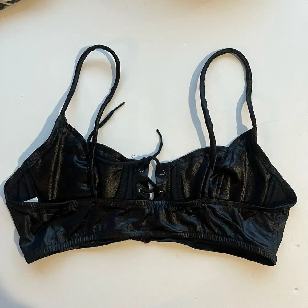 Young Outfitters Women's Lattice Lace Up Front Tie Bralette Black Size Large
